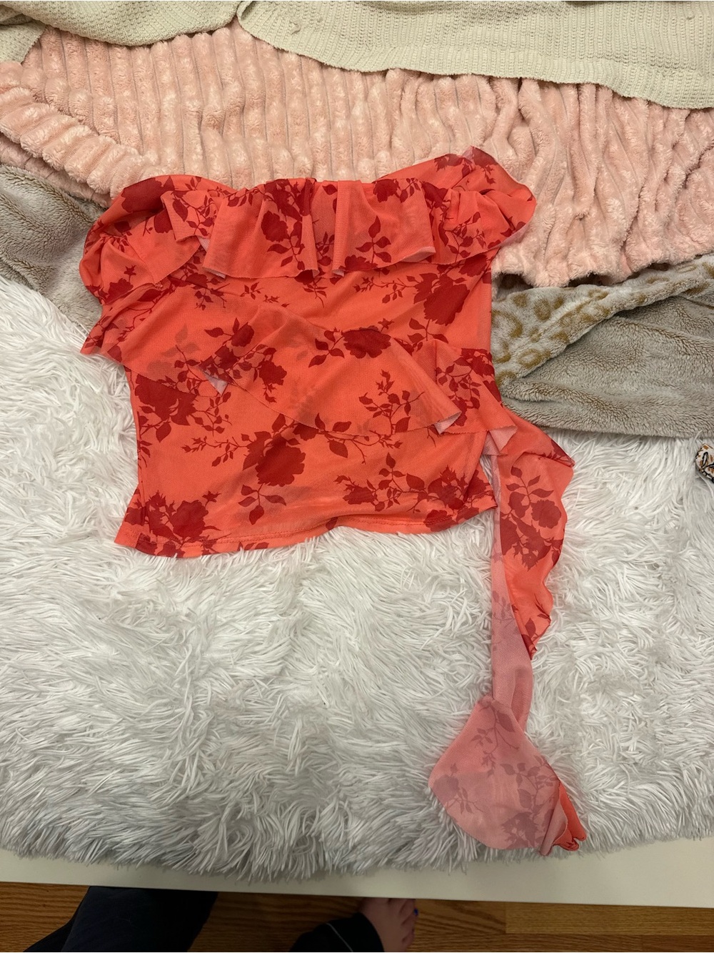 Blue Blush Coral Red Floral Gold tube top Ruffle Camisole